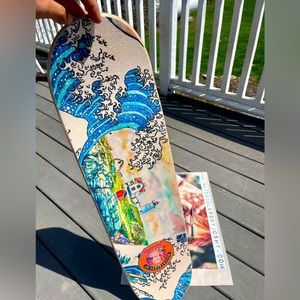 The Great Wave Off Nubble Lighthouse Watercolor Skate Deck & Matching Grip Tape